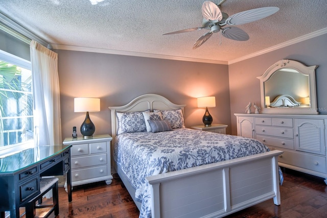 bedroom with a textured ceiling, dark wood-type flooring, ceiling fan, and ornamental molding