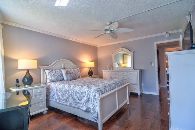 bedroom with ornamental molding, a ceiling fan, a textured ceiling, dark wood-style floors, and baseboards