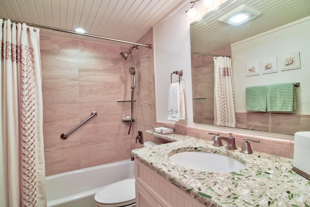 bathroom featuring wooden ceiling, toilet, shower / bath combo, and vanity