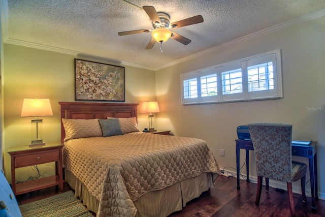 bedroom with ornamental molding, a ceiling fan, a textured ceiling, wood finished floors, and baseboards