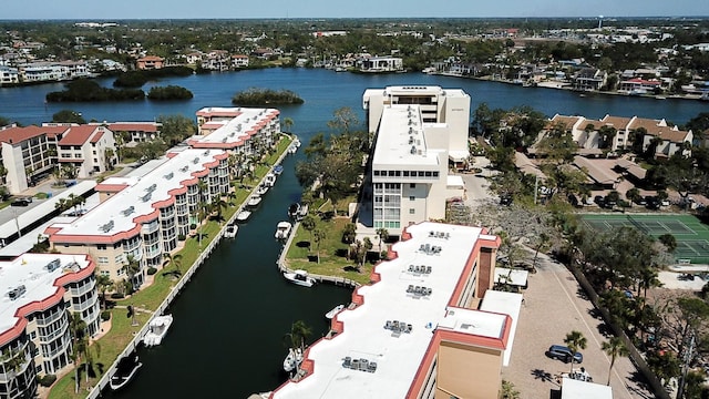 bird's eye view with a water view