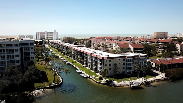 drone / aerial view with a water view