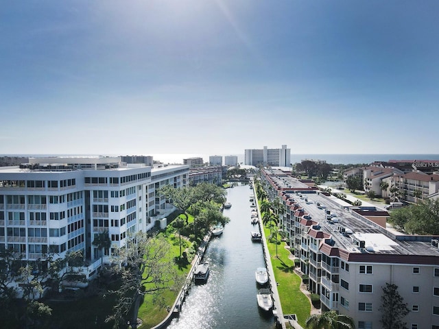 drone / aerial view with a water view