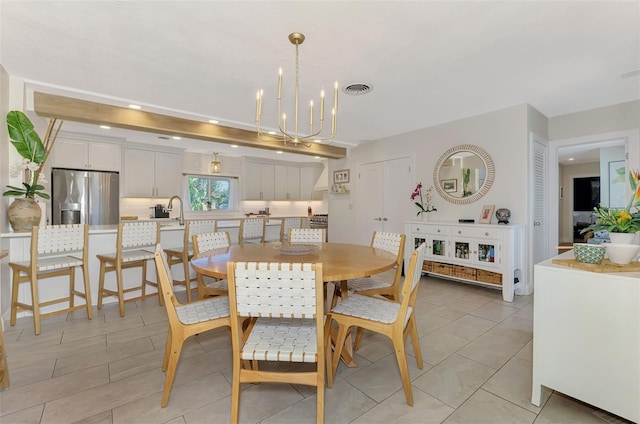 dining area featuring light tile patterned floors, recessed lighting, visible vents, and a chandelier