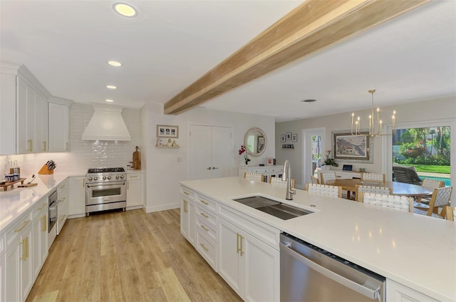 kitchen with premium range hood, beamed ceiling, a sink, stainless steel appliances, and decorative backsplash