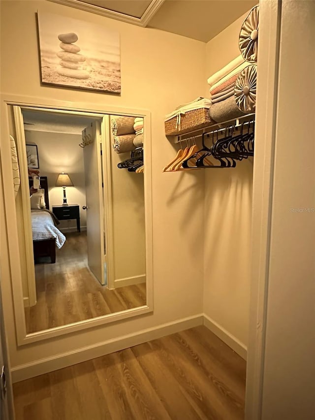 walk in closet with wood finished floors