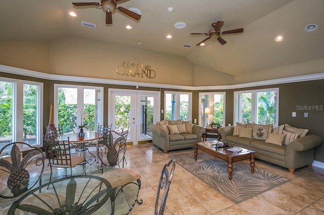 living area with a ceiling fan, recessed lighting, french doors, and visible vents