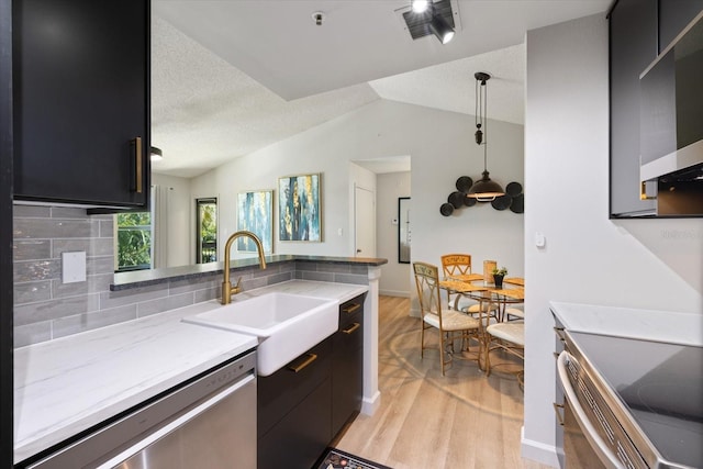 kitchen featuring a sink, light wood-style flooring, dishwasher, and dark cabinets