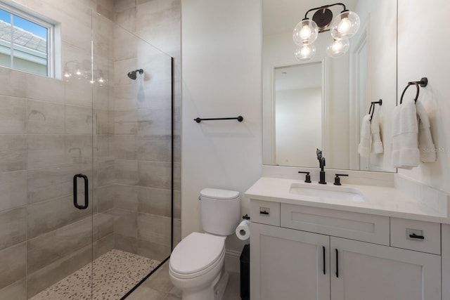 bathroom featuring vanity, toilet, and a stall shower