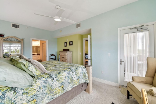 bedroom featuring visible vents, baseboards, light colored carpet, and ceiling fan