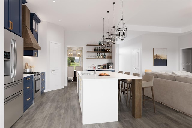 6137 Grove Blvd, Punta Gorda, FL 33982 - kitchen with appliances with stainless steel finishes, blue cabinetry, a sink, light countertops, and a breakfast bar