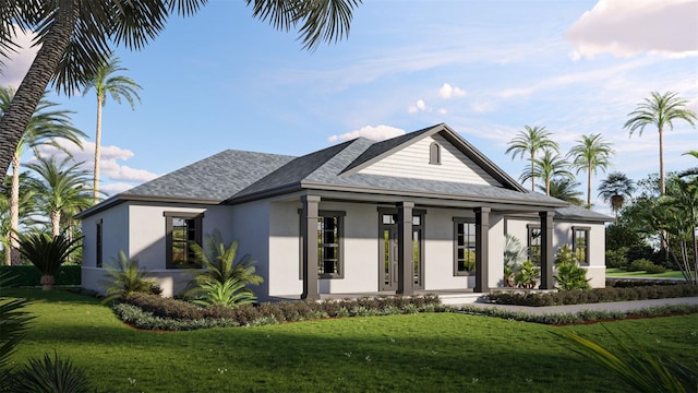 6137 Grove Blvd, Punta Gorda, FL 33982 - view of front of house with stucco siding, a front yard, a porch, and a shingled roof