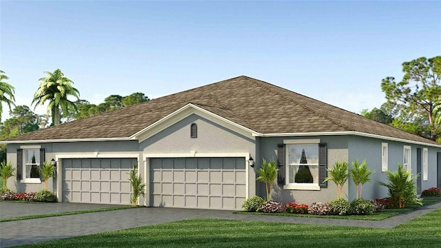 view of front of home with stucco siding, a front lawn, roof with shingles, and an attached garage