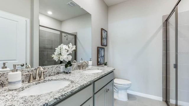 bathroom featuring visible vents, toilet, a stall shower, a sink, and tile patterned flooring