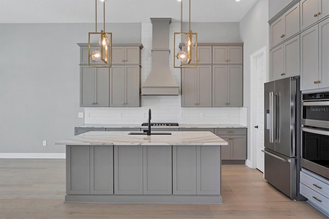 4629 Antrim Dr, Sarasota, FL 34240 - kitchen featuring custom exhaust hood, backsplash, appliances with stainless steel finishes, and gray cabinets