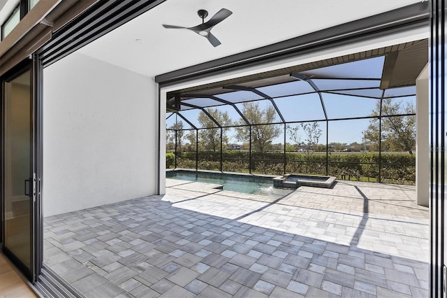 4629 Antrim Dr, Sarasota, FL 34240 - view of pool with glass enclosure, a ceiling fan, a patio, and a pool with connected hot tub