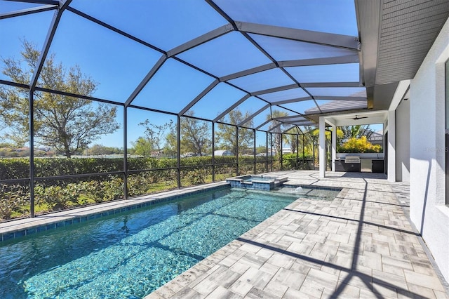4629 Antrim Dr, Sarasota, FL 34240 - view of swimming pool with glass enclosure, a pool with connected hot tub, and a patio