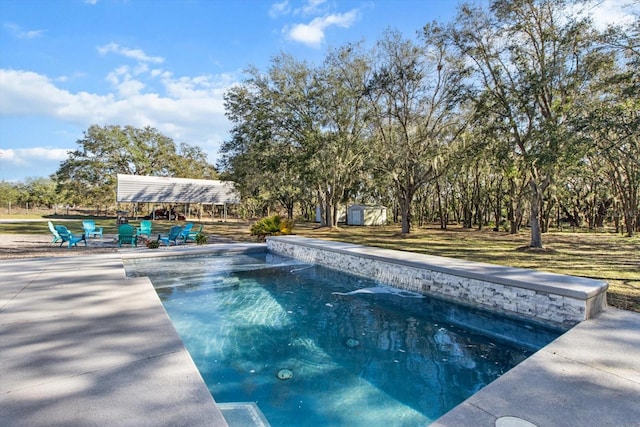 outdoor pool with a shed and an outdoor structure