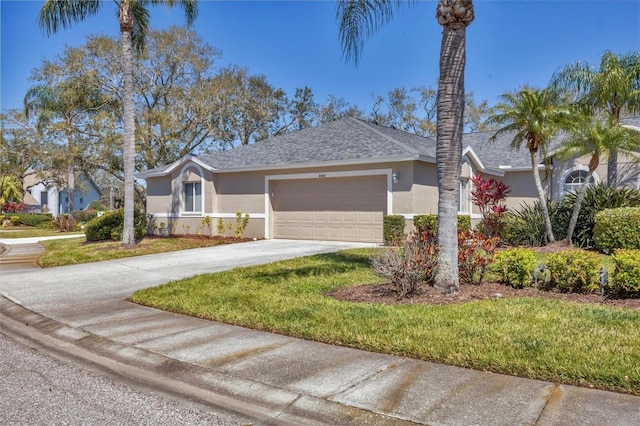 ranch-style home featuring a shingled roof, an attached garage, driveway, and stucco siding