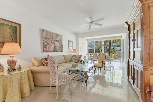 living room featuring light tile patterned floors and ceiling fan