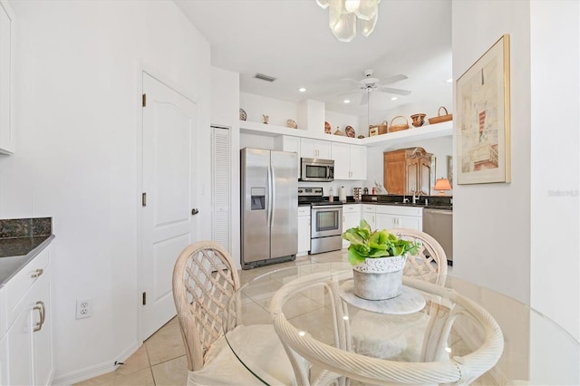 dining room with recessed lighting, visible vents, a ceiling fan, and light tile patterned floors