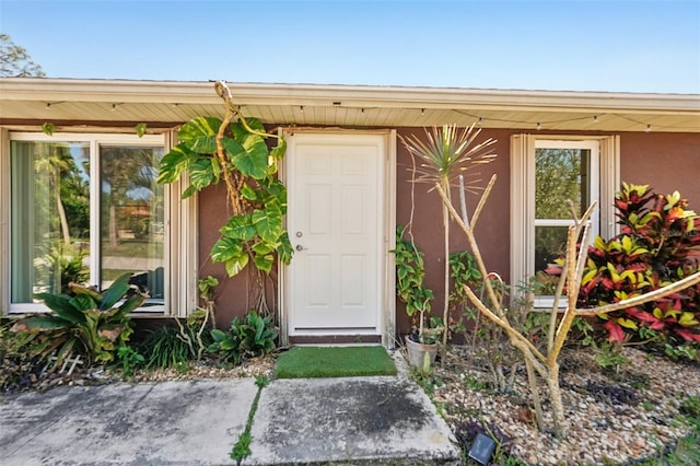 view of exterior entry with stucco siding