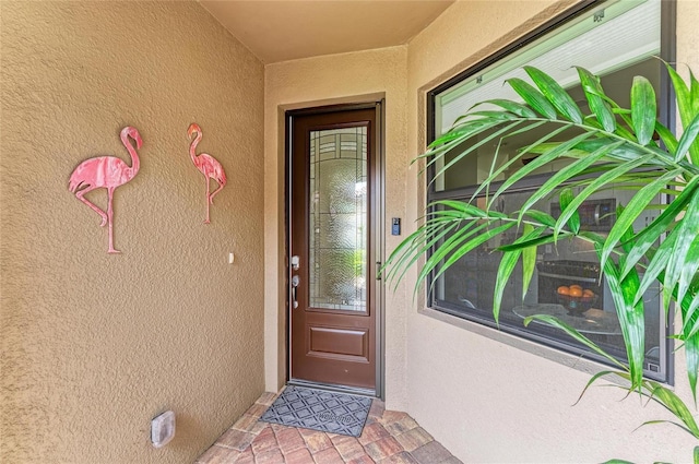 doorway to property featuring stucco siding