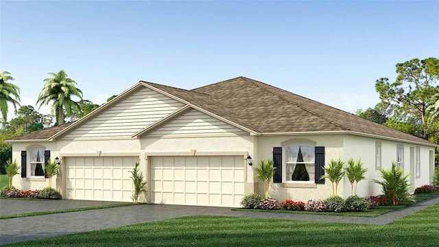 ranch-style home featuring driveway, roof with shingles, stucco siding, a front lawn, and a garage