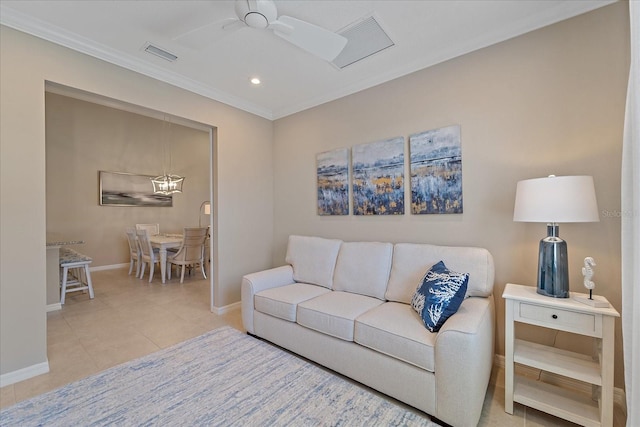 tiled living room featuring visible vents, crown molding, baseboards, ceiling fan, and recessed lighting