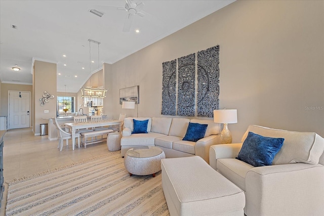 living room featuring visible vents, recessed lighting, ceiling fan, and ornamental molding