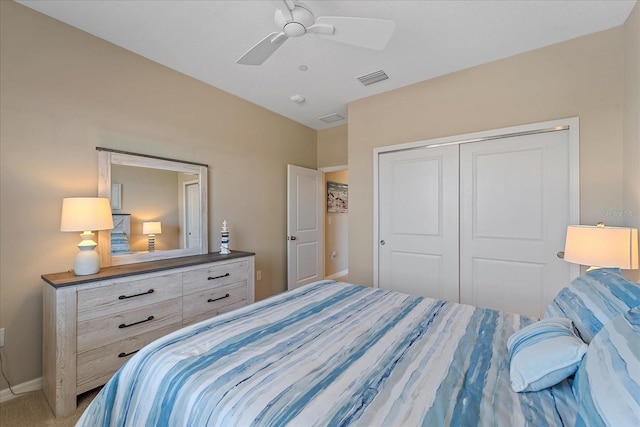 bedroom featuring visible vents, baseboards, a closet, and ceiling fan