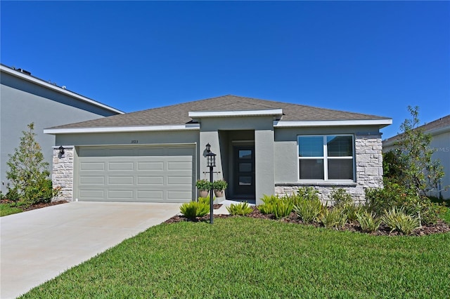 view of front of house featuring a front lawn, an attached garage, stone siding, and stucco siding