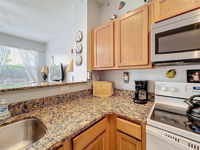 kitchen featuring light stone counters, electric range, a sink, a textured ceiling, and stainless steel microwave