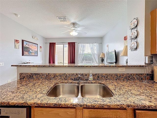 interior details featuring a sink, visible vents, stone counters, and a textured ceiling