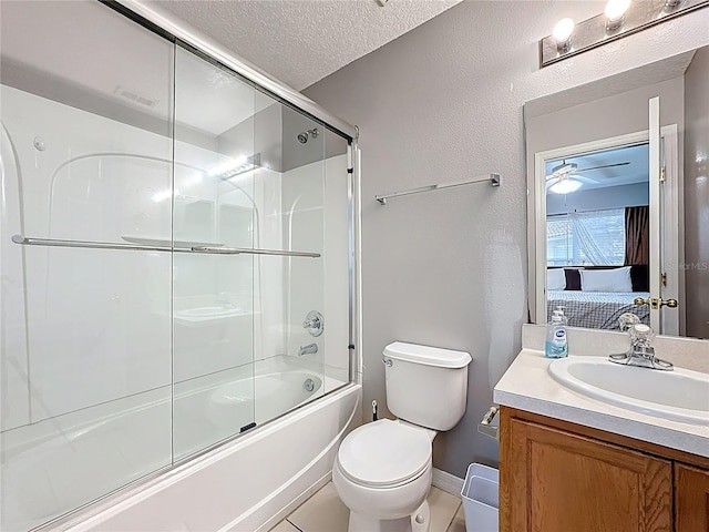 full bathroom with toilet, a textured ceiling, connected bathroom, shower / bath combination with glass door, and vanity