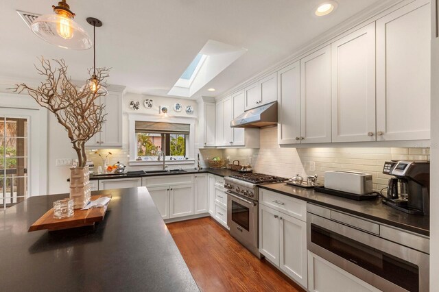 kitchen featuring dark countertops, under cabinet range hood, a skylight, stainless steel appliances, and a sink