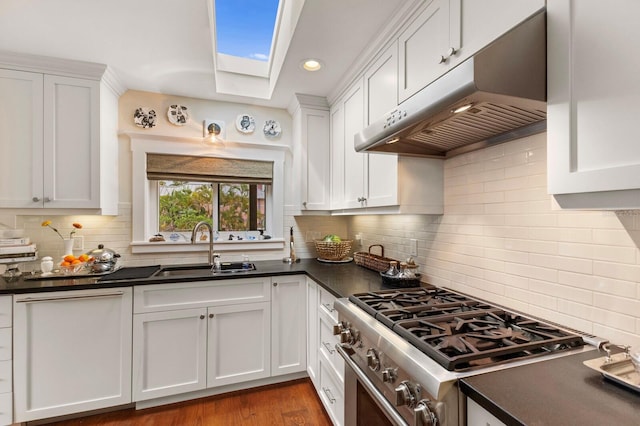 kitchen with under cabinet range hood, a sink, dark countertops, a skylight, and white cabinets