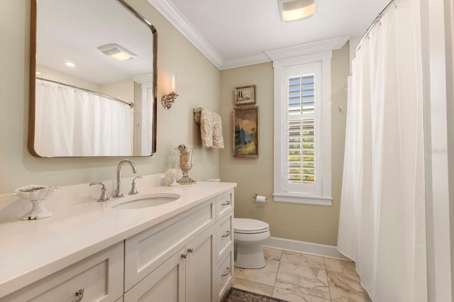 full bath with crown molding, baseboards, toilet, marble finish floor, and vanity