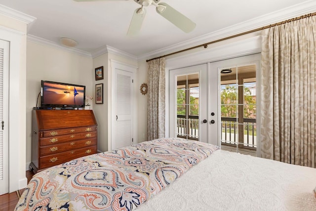 bedroom with a ceiling fan, wood finished floors, french doors, crown molding, and access to outside