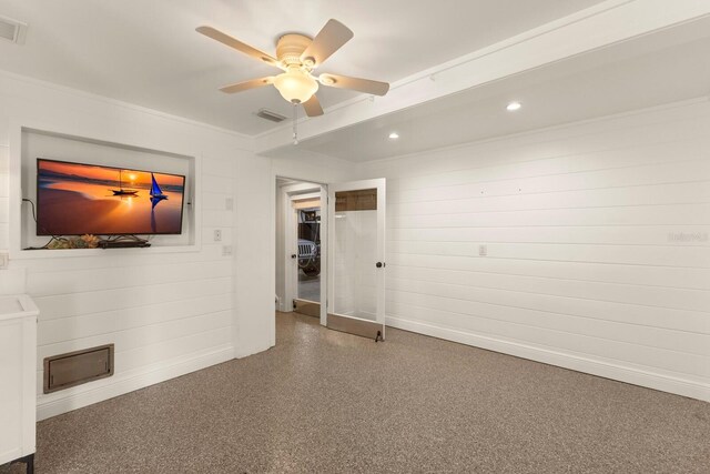 unfurnished room with a ceiling fan, recessed lighting, visible vents, and baseboards