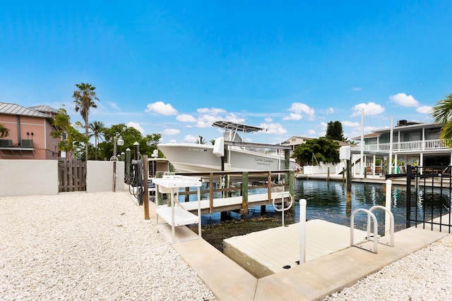 dock area featuring a water view, boat lift, and fence