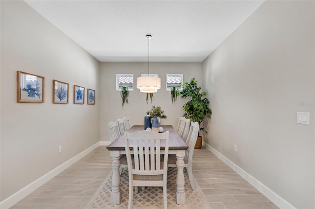 dining space featuring baseboards and wood tiled floor