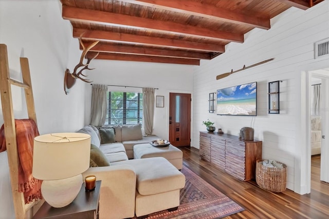 living area featuring beam ceiling, wood ceiling, wooden walls, and wood finished floors