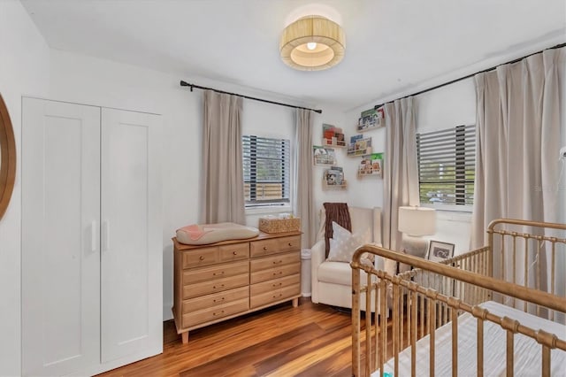 bedroom with a crib, multiple windows, wood finished floors, and a closet