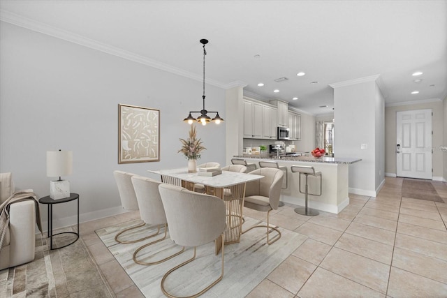 dining room featuring baseboards, a chandelier, ornamental molding, light tile patterned floors, and recessed lighting