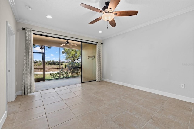 unfurnished room with light tile patterned floors, baseboards, ornamental molding, and a ceiling fan