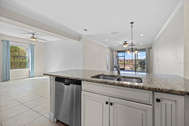 kitchen with open floor plan, a sink, a ceiling fan, and stainless steel dishwasher