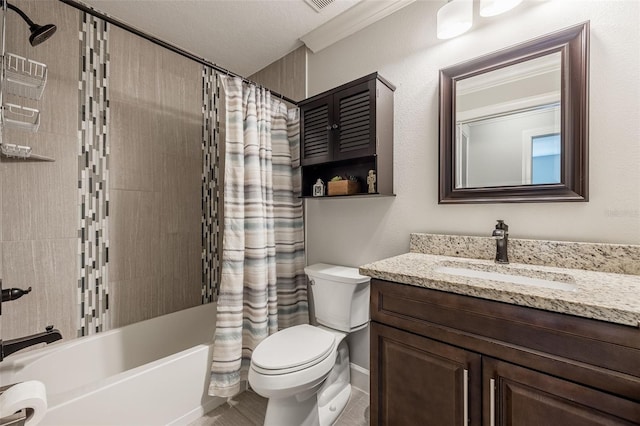 bathroom with toilet, shower / bath combo, vanity, and crown molding