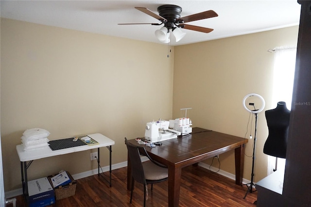 office space with wood finished floors, baseboards, and ceiling fan