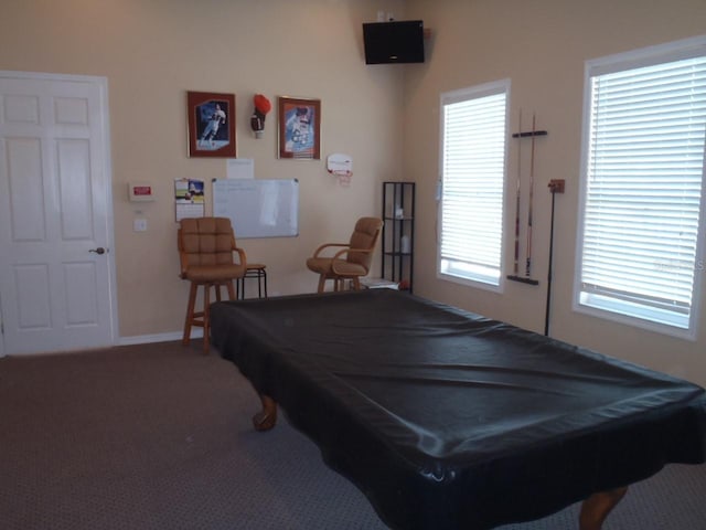 playroom with billiards, carpet flooring, and baseboards